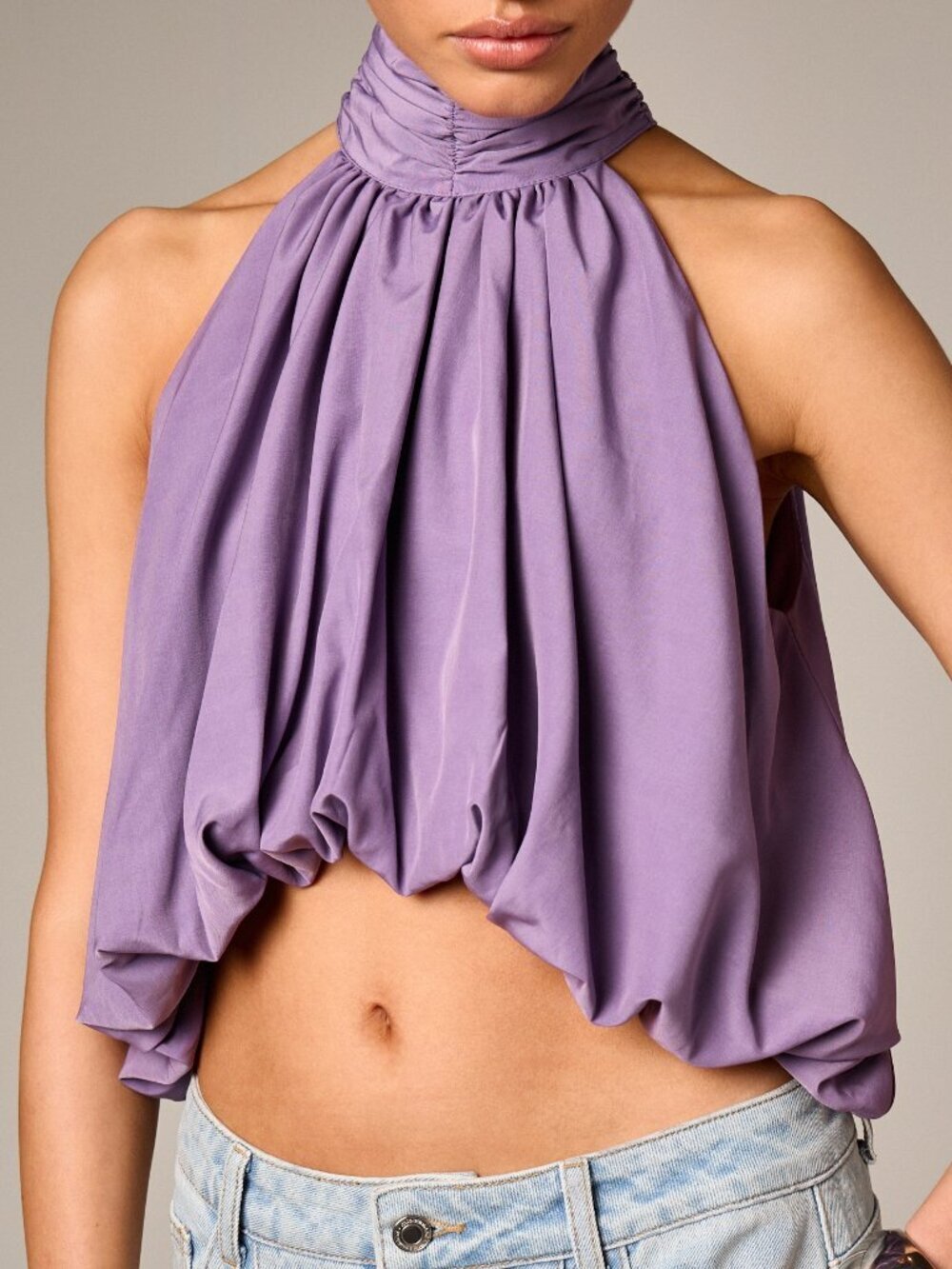 Purple Elegant Women's Halter Neck Sleeveless Puffball Blouse - Picture 6 of 6